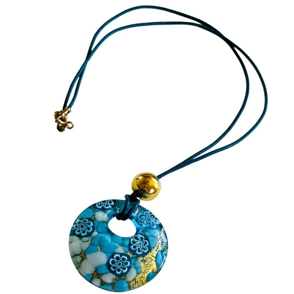 VTG Murano Millefiori Teal Blue Signed‎ Necklace Gold Fleck Art Glass Italy 18"